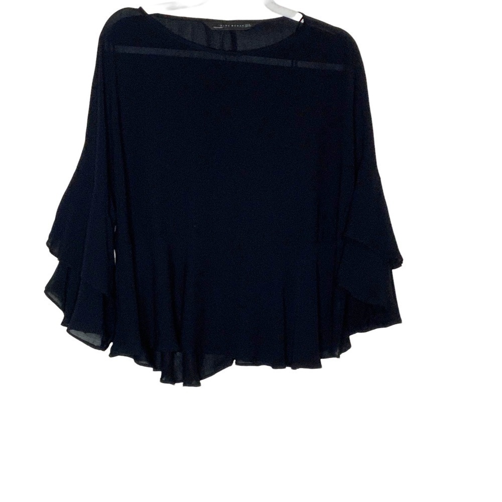 Zara Woman black semi-sheer blouse with layered bell sleeves. Size S